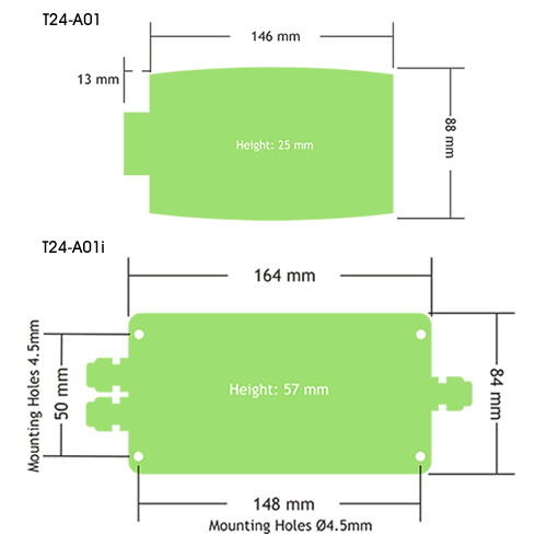 T24-A01 and T24-A01i Wireless Analogue Output Receiver Module Outline Drawings