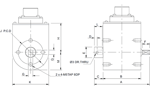 YDSS Mini Square Drive Rotary Torque Transducer Outline Drawing