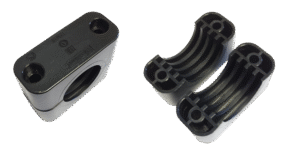 BP014 35mm black polyamide body clamp with M6 fixtures.