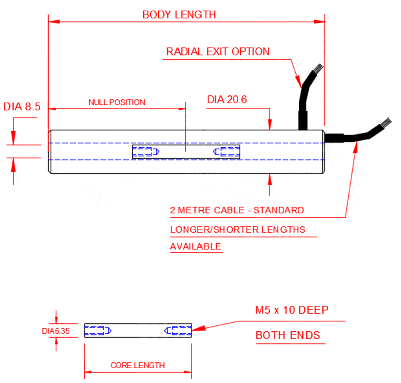 AML-E Standard LVDT Displacement Transducer AC Version Plain Core Outline