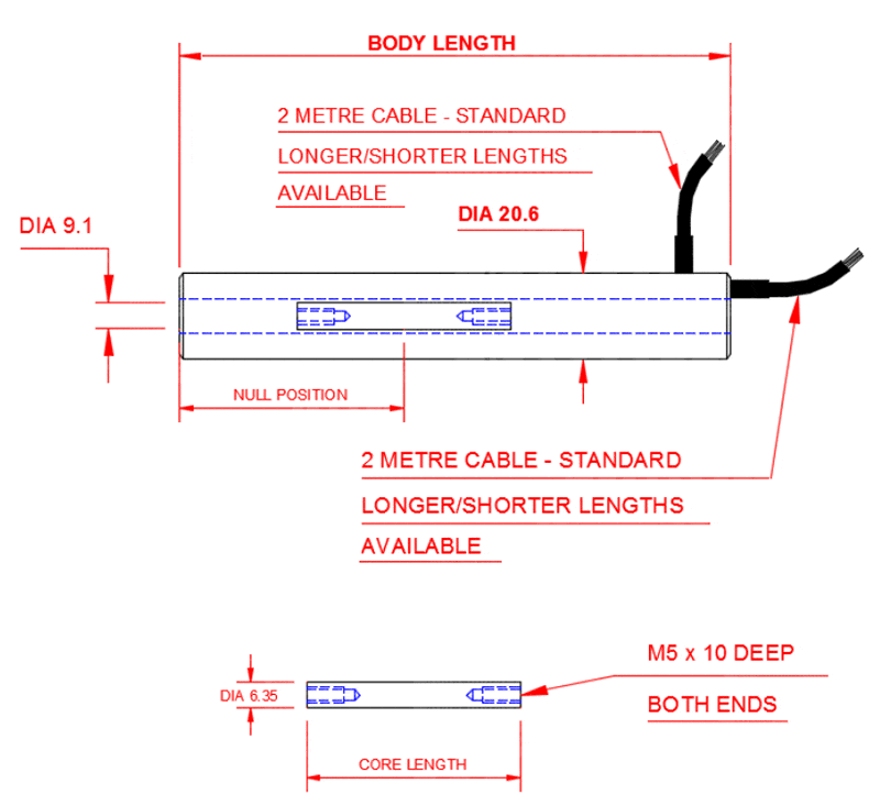 AML-E Standard LVDT Displacement Transducer DC Version Plain Core Outline