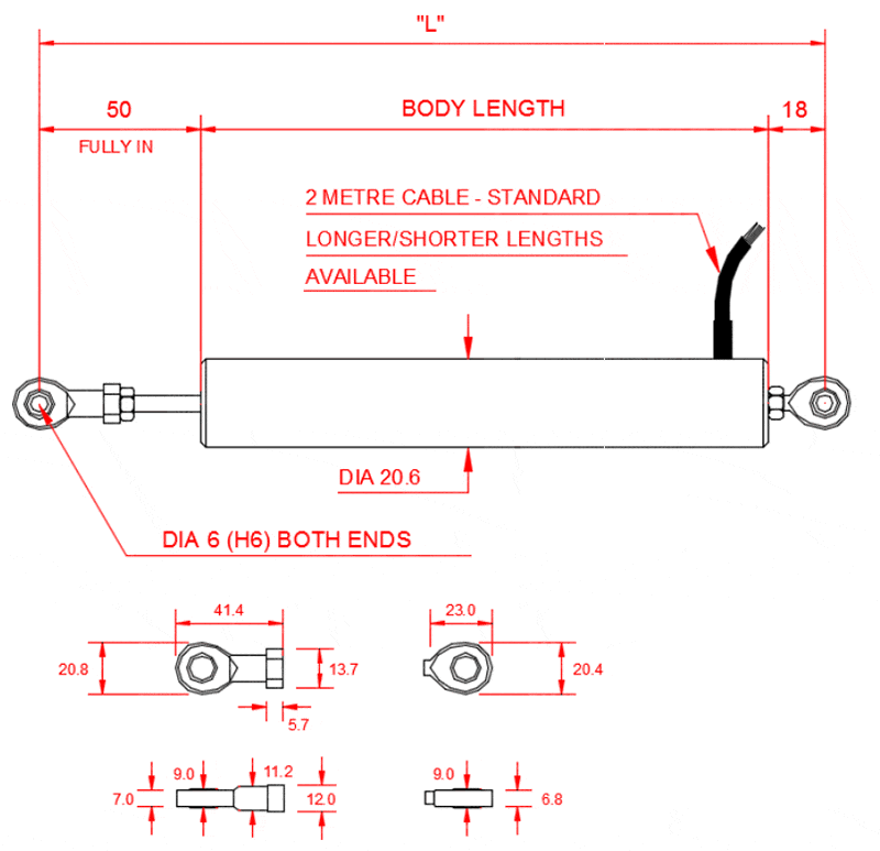 AML-E Standard LVDT Displacement Transducer DC Version with M6 Rod End Bearings (R) Outline