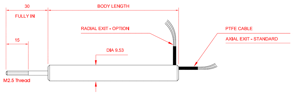 AML-M Miniature LVDT Displacement Transducer AC Version with Core + Extension (X&G) Outline
