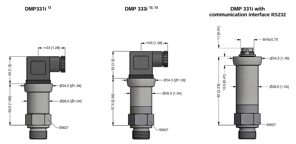 DMP331i DMP333i high precision pressure sensor outline drawings