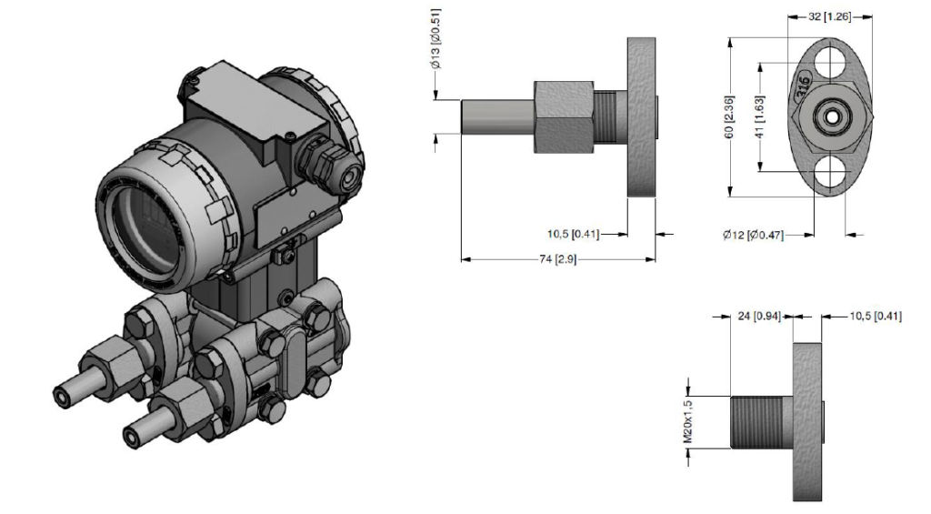 DPT200 differential pressure sensor schematic with oval flange adapter for M20x1.5 male fitting