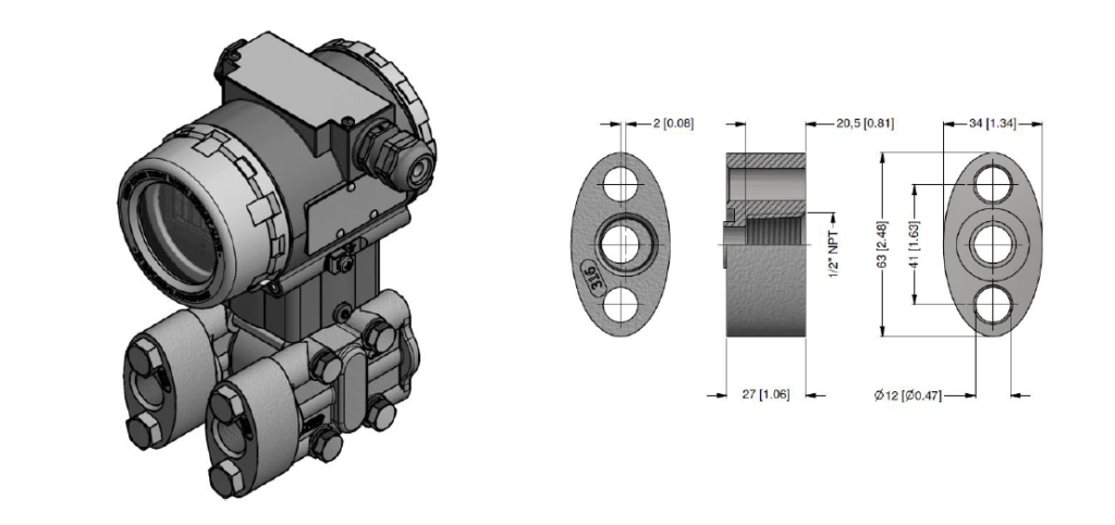 DPT200 differential pressure sensor schematic with oval flange adapter for 1/2" NPT fitting