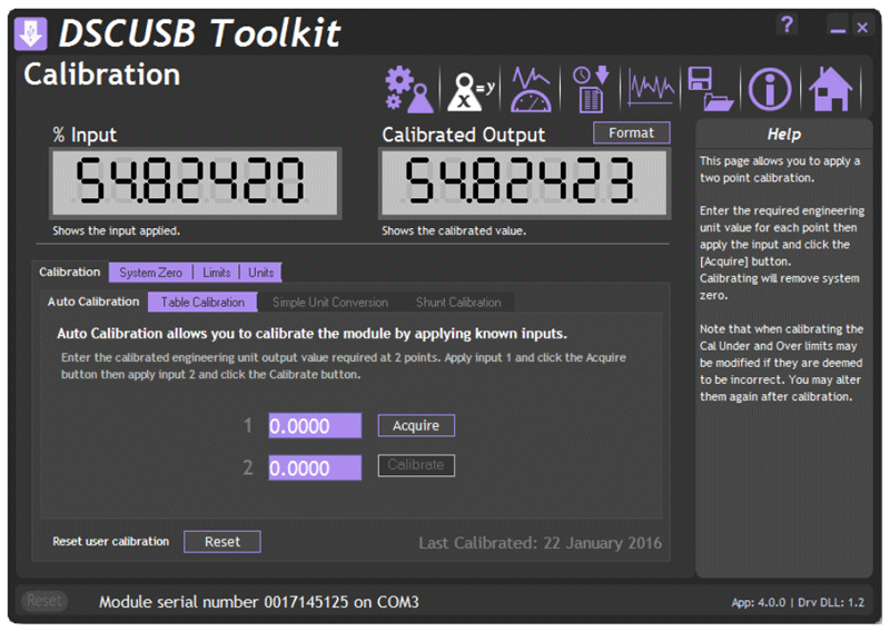 DSCUSB-PT toolkit software calibration details screenshot