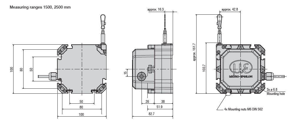 Schematic drawings of the K100 1500mm and 2500mm draw string ranges