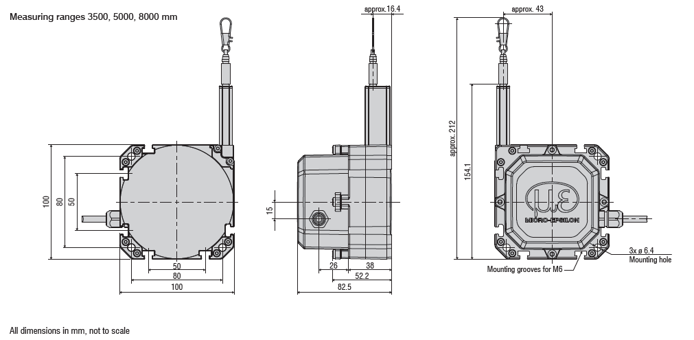Schematic drawings of the K100 3500mm, 5000mm and 8000mm draw string ranges.