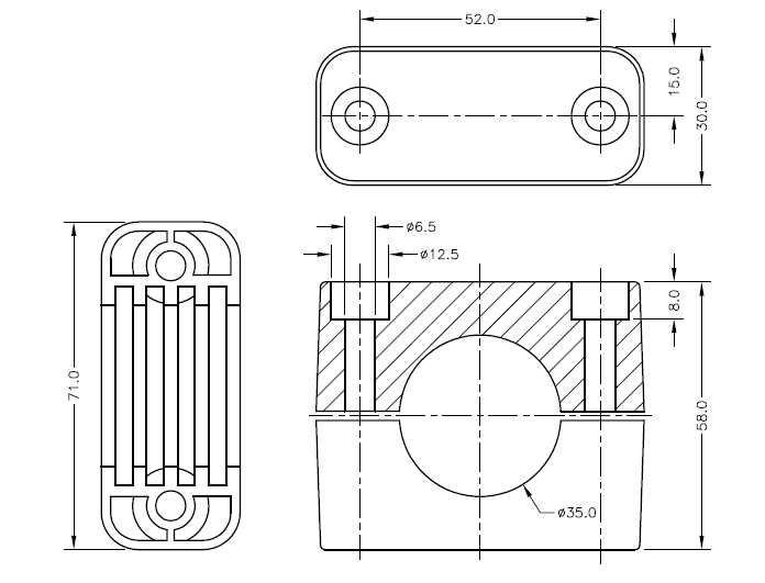 Tough, black polyamide body clamps to fit 35mm diameter displacement sensors LS01, LS14 and LS25.