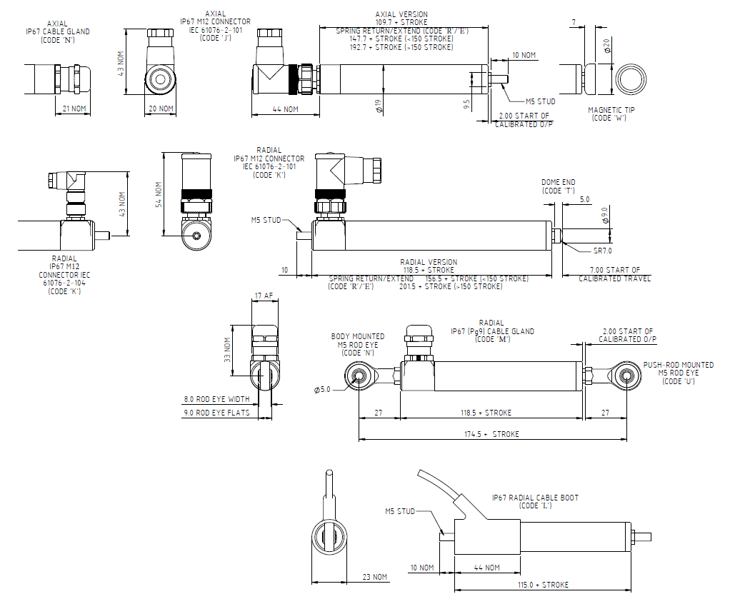 This is a technical drawing of the LS17 Slim Line Linear Position Sensor. Many physical aspects of the LS17 can be customised to suit project requirements.