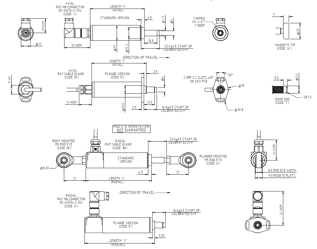 This is a technical drawing of the LS18 Slim Line Short Stroke Linear Position Sensor. Many physical aspects of the LS18 can be customised to suit project requirements.