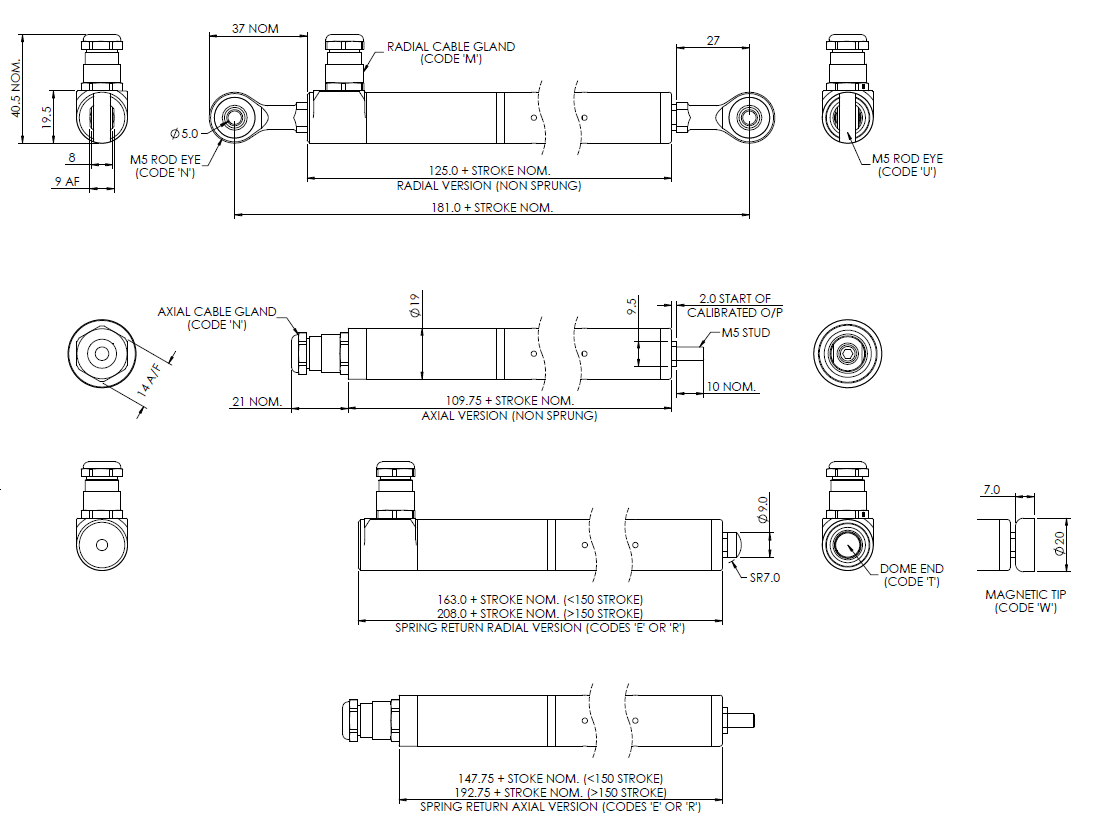 This is a technical drawing of the LS19 Submersible Slim Line Linear Position Sensor. Many physical aspects of the LS19 can be customised to suit project requirements.