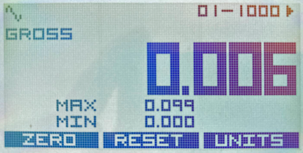 The Detail display allows a zero (tare) to be applied to that input channel and also shows the maximum and minimum values that have been seen for that channel.