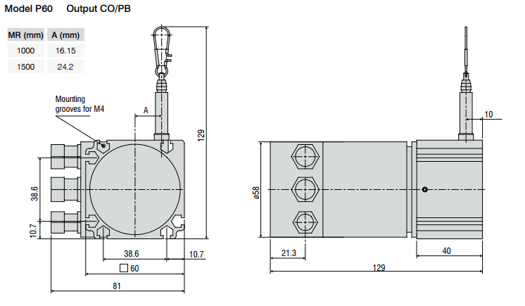 P60 Industrial Low Range Draw Wire Displacement Sensor Digital CO PB Outline