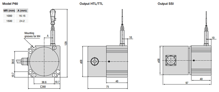 P60 Industrial Low Range Draw Wire Displacement Sensor Digital HTL TTL SSI Outline