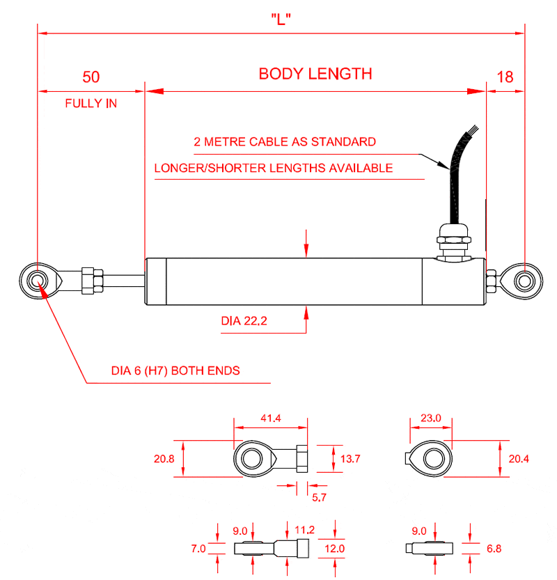 AML-IE Industrial LVDT Displacement Transducer AC Version with M6 Rod End Bearings (R+M6) Outline