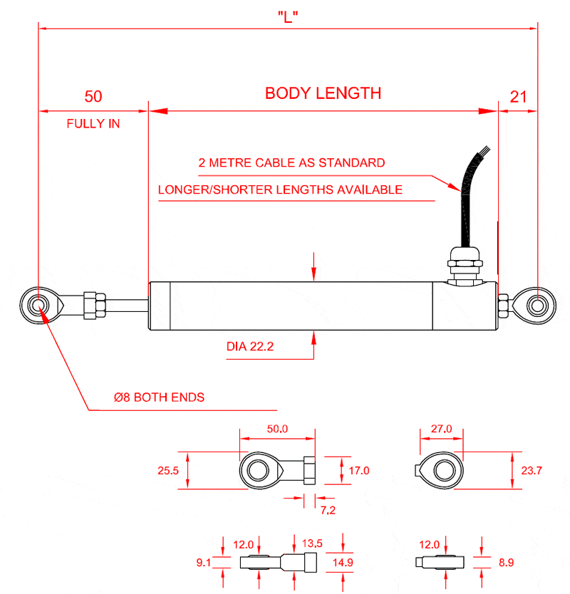 AML-IE Industrial LVDT Displacement Transducer AC Version with M8 Rod End Bearings (R+M8) Outline