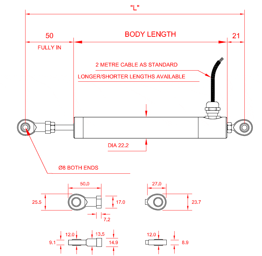 AML-IE Industrial LVDT Displacement Transducer DC Version with M8 Rod End Bearings (R+M8) Outline