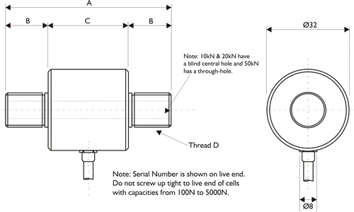 DDE Miniature In-Line Load Cell Outline Drawing