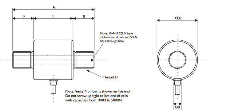 DDE miniature in-line load cell outline drawing