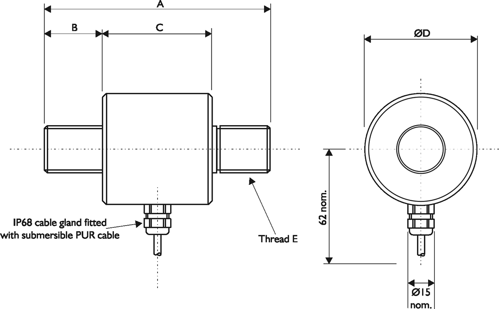 DDEN In-Line Submersible Load Cell Outline Drawing